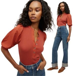 $198 New VERONICA BEARD Coralee Button-Front Puffed Sleeve Top Sz XS Brick Red
